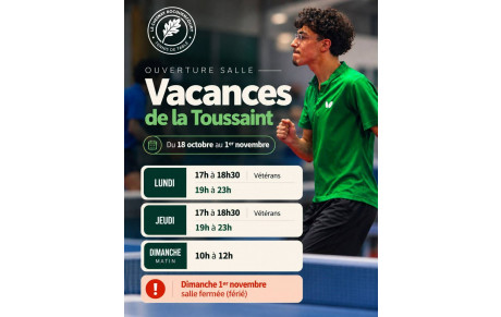 Horaires d'ouverture de la salle pendant les vacances de la Toussaint